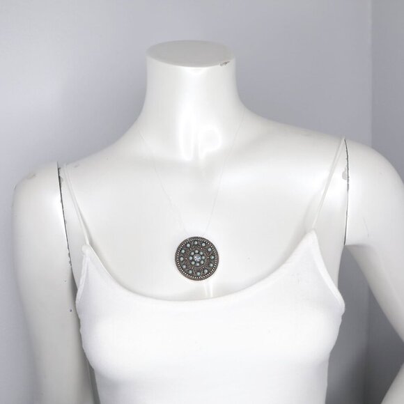 Vintage Celtic Circle Antiqued Silver Pendant Blue Turquoise Stones Gems Round - Picture 4 of 8